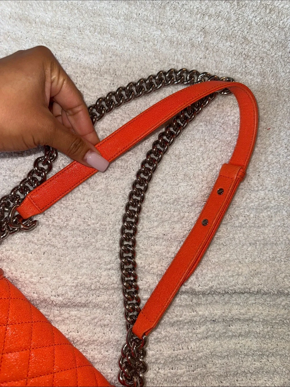 CHANEL Orange Quilted Boy Bag with Silver Chain